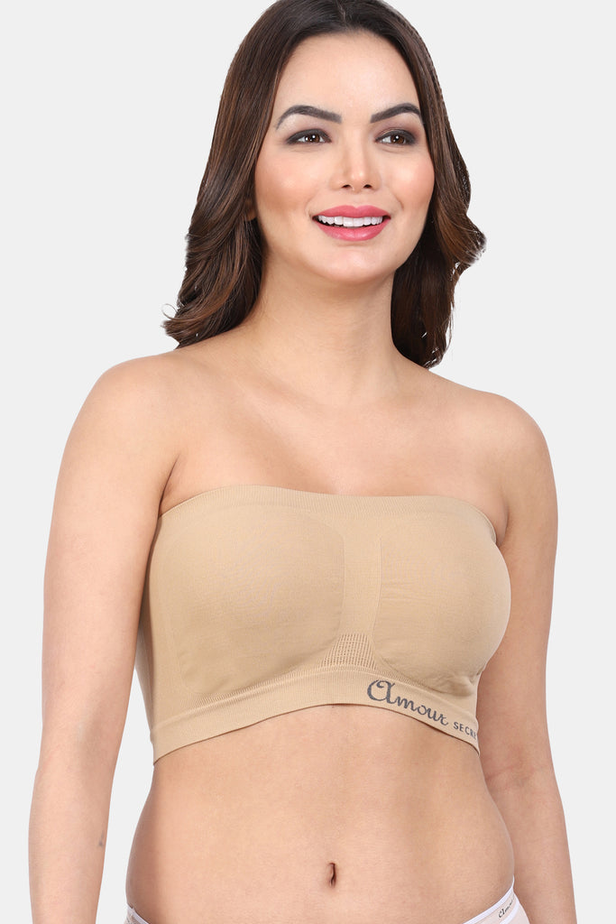 Seamless Padded Strapless Bandeau Bra with Moisture Wicking Nylon Spandex