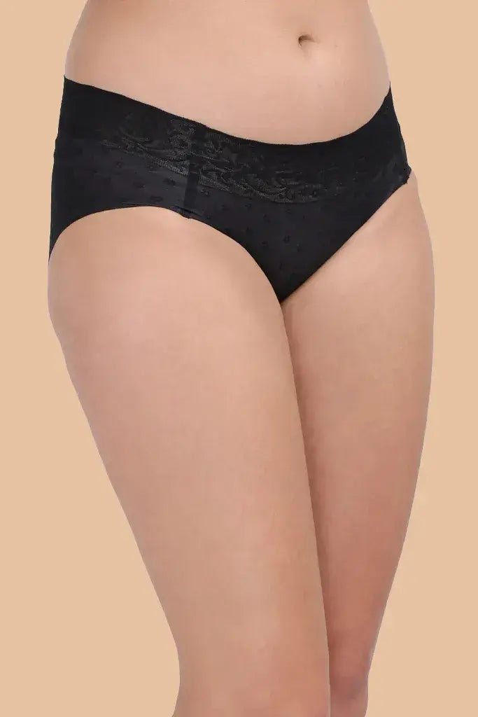 Amour Secrt Women's Bonded Seamless Extra Smooth And Light Nylon Jacquard Spandex Fabric with Designer Lace Belt Mid Rise Hipster Panty P86100