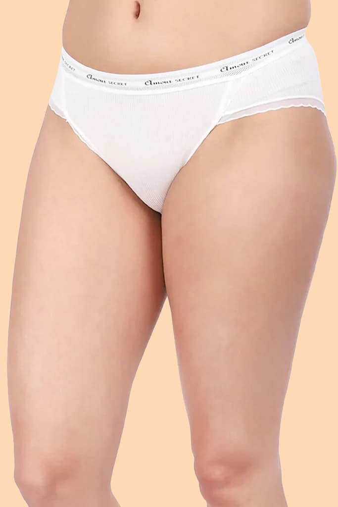 Amour Secrt Women's Extra Smooth Cotton Nylon Spandex Striped fabric With Designer Lace Mid Rise Hipster Panty P2023