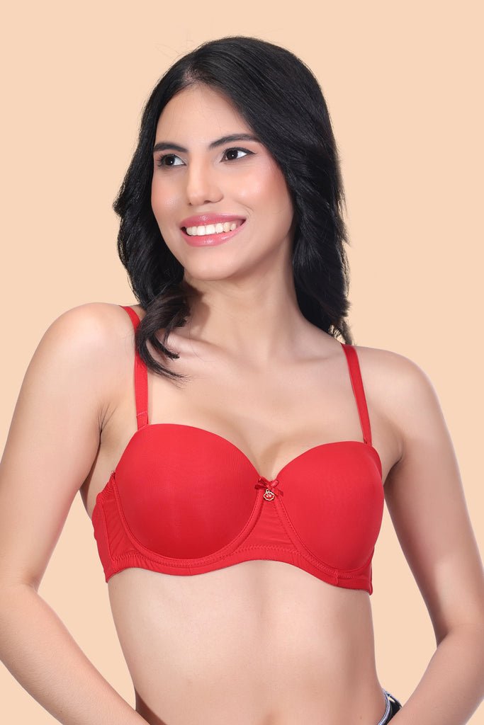 Amour Secrt Women's Lightly Padded Underwired Plain Nylon Spandex Fabric With Detachable Strap Demi Cup Bra PDN730