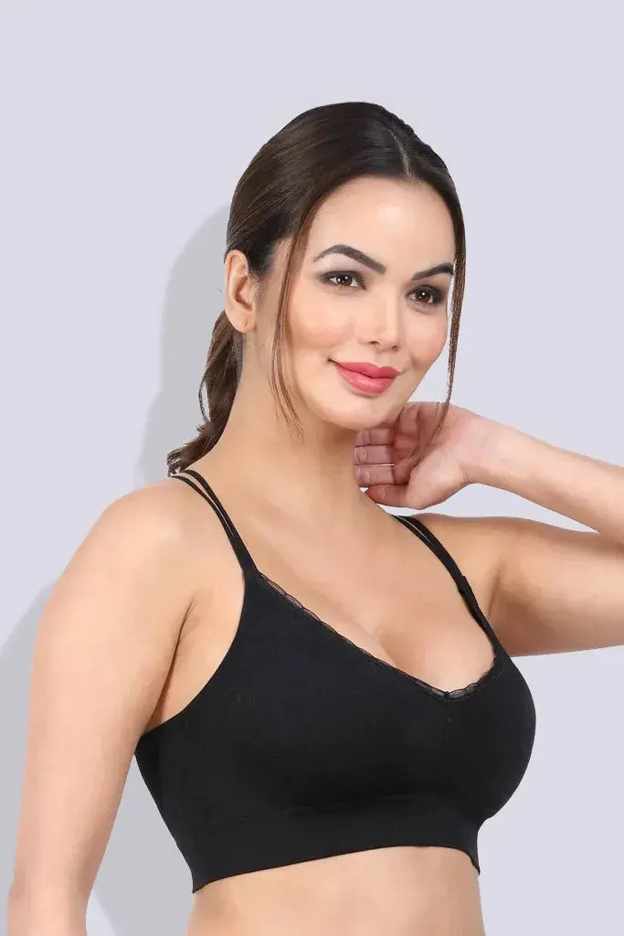 Amour Secrt Women's Lightly Padded Extra Smooth Nylon Spandex Sey Design With Designer Lace Medium Impact Sports Bra S1005N