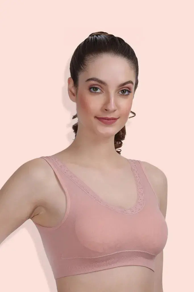 Amour Secrt Women's Seamless Lightly Padded Self Design Nylon Spandex Fabric With Designer Neck Lace Medium Impact Sports Bra S2059