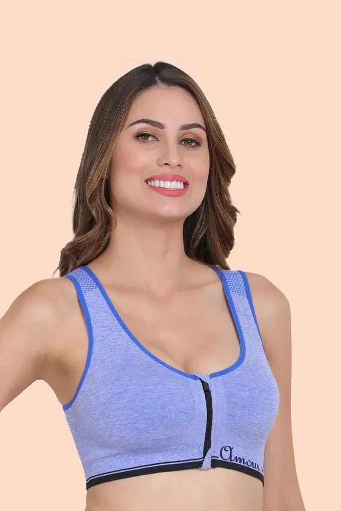 Amour Secrt seamless Women's Lightly Padded soft melange nylon lycra fabric with racer back Front Zipper Open high impact Sports Bra S639N