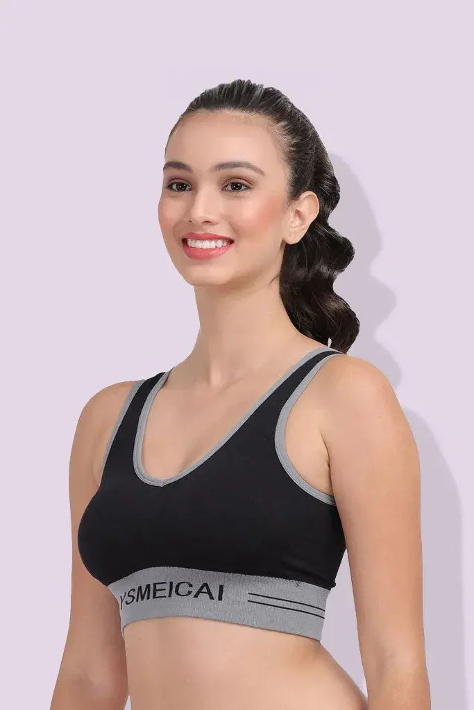 Amour Secrt Women's Lightly Padded sey designer nylon lycra jucquard fabric with broad waist high impact removable cup sports bra S8082